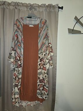 Double Zero Rust Orange Midi Dress with Multi-Color Printed Kimono